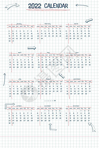 2022 日历周计划表和待办事项列表 手绘字体类型文本和元素学校笔记样式方格笔记本表与线条箭头和框架背景图片