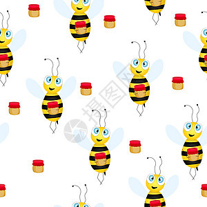 与蜜蜂在白色背景上的无缝模式 矢量图 可爱的卡通人物 邀请函 卡片 纺织品 织物的模板设计 平面样式 蜜蜂罐蜂蜜婴儿插图孩子卡通图片
