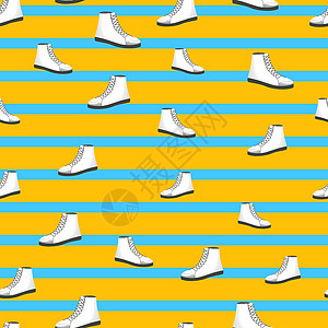 无缝模式 白妇女鞋穿蓝色和黄色条纹背景 平板式的扣子 皮靴侧视图 平面设计运动鞋皮革三角形旅行运动销售鞋带女孩魅力女士图片