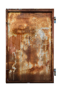一翼棕色旧金属大门 有生锈元素 油漆和白色背景的滴滴液图片