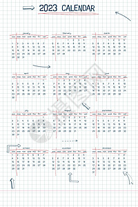 2023 日历周计划表和待办事项列表 手绘字体类型文本和元素学校笔记样式方格笔记本表与线条箭头和框架图片