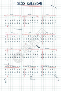 2023 日历周计划表和待办事项列表 手绘字体类型文本和元素学校笔记样式方格笔记本表与线条箭头和框架背景图片