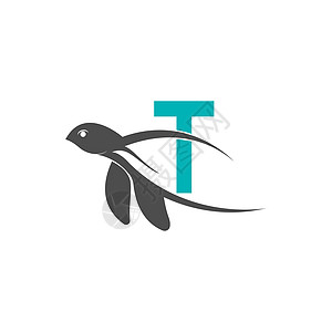 带有字母 T 徽标设计图案的海龟图标插图动物刻字旅行商业海洋公司蓝色艺术品牌图片