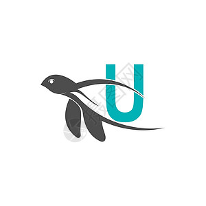 带有字母 U 徽标设计图案的海龟图标蓝色刻字公司品牌荒野旅行野生动物乌龟商业数字图片