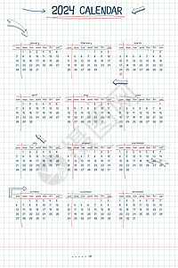 2024 日历周计划和待办事项列表 手绘字体类型文本和元素学校笔记样式方格笔记本表与线条箭头和框架图片