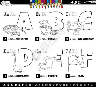 教育卡通字母设置从 A 到 F 彩色书页动物彩书工作卡通片食蚁兽幼儿园旗帜收藏海狸孩子们图片