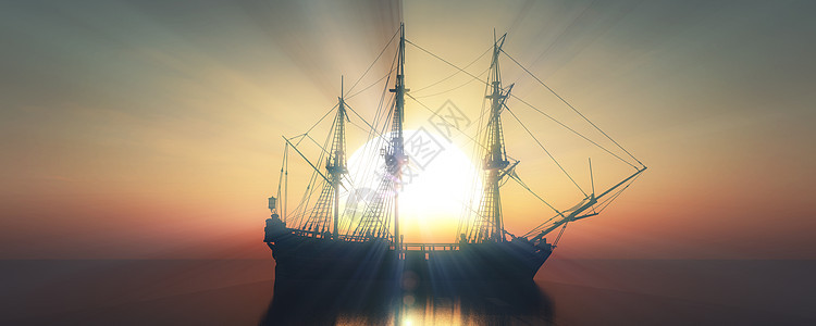 旧船在海上日落运输天空护卫舰插图商务旅行帆船海盗血管古董图片