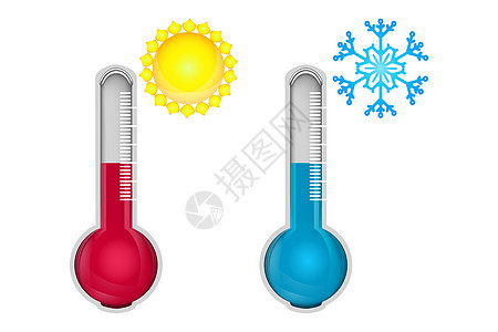 在白色背景上隔离的冷热温度计 低温和高温标志图片