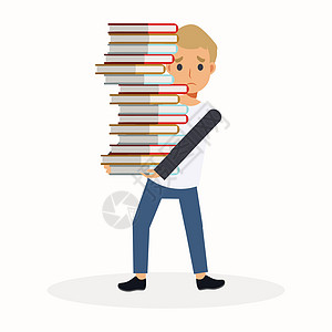 矢量平面卡通人物插画的男孩背着一大摞书 男孩很难过 因为要读的书太多了 教育图片