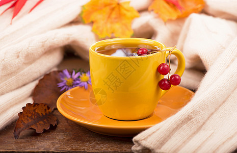 茶杯和秋叶饼干肉桂饮料叶子香料木头八角治疗流感玻璃图片