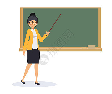 带空白黑板和指点杆的女教师 带指针教师的教师在船上展示 平面矢量卡通人物插画图片
