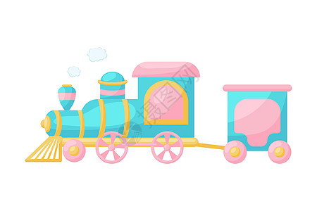 有蒸汽的逗人喜爱的蓝色桃红色火车在白色背景 儿童卡的卡通运输婴儿送礼会生日邀请屋内部 卡通风格的鲜艳的幼稚矢量插图图片