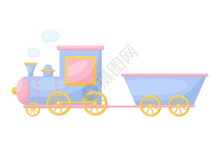 可爱的蓝色粉红色火车与白色背景上的货车 儿童卡的卡通运输婴儿送礼会生日邀请屋内部 卡通风格的鲜艳的幼稚矢量插图图片