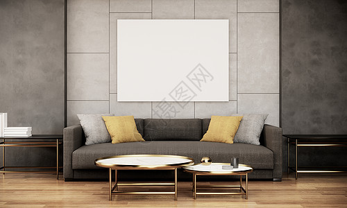 在现代客厅内装有沙发和用木制地板和灰墙的桌椅的3D面壁上图片