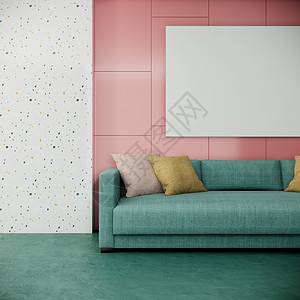 白色和粉色墙上绿色沙发的室内设计 3D翻背景图画布(3d)中写着绿沙发图片