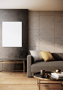 在现代客厅内用沙发和木地板和灰墙的桌椅模拟的垂直图画框架 3D层图片