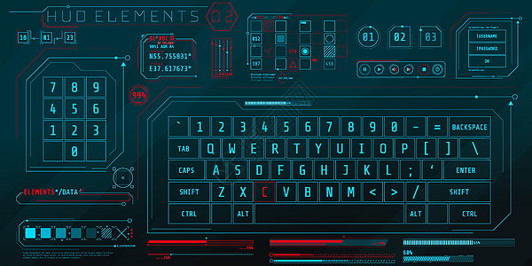一套未来界面的HUD键盘元素科学显示器用户收藏技术网络造型电脑字母插图图片