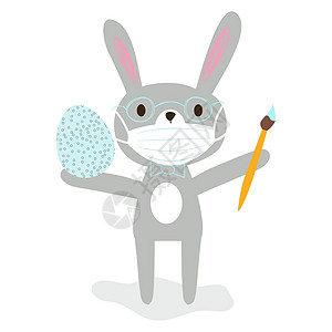 漂亮的卡通灰兔戴着眼镜 戴着保护性医用面罩 拿着刷子和复活节彩蛋 复活节快乐寄宿家庭安全寄宿健康贺卡白色背景 剪贴画图片