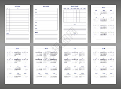 2022 2023 2024 2025 日历每日每周每月个人计划日记模板采用经典严格风格 最小约束业务设计中的个人时间表 星期从图片