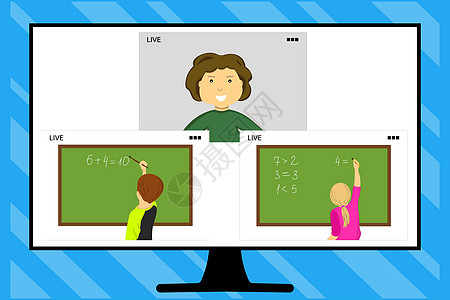 儿童家庭教育 在线学习 上学 电子学习 互联网交流 全球教学 学生在课桌上做家庭作业 老师和学生做视频会议数学图片