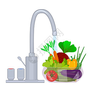 清洗蔬菜和水果 在白色背景下的自来水下装有蔬菜的碗图片