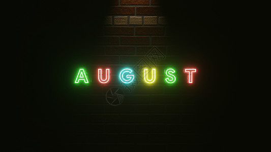 八月文本霓虹灯在砖墙纹理上五颜六色  3d 插图渲染 八月的霓虹灯符号 霓虹灯效果文字和墙砖纹理简洁优雅图片