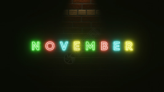 11 月文本霓虹灯在砖墙纹理上五颜六色  3d 插图渲染 十一月的霓虹灯符号 霓虹灯效果文字和墙砖纹理简洁优雅图片