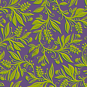 无缝花纹 叶子和浆果呈黄绿色和紫罗兰色 手绘和数字化图片