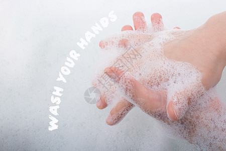 手泡沫儿童洗手在泡沫停止COVID19流感冲洗病菌消毒安全卫生预防感染清洁度海报背景
