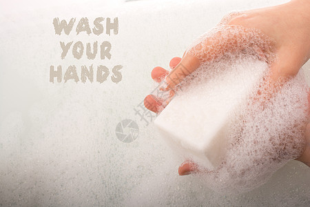 儿童洗手在泡沫停止COVID19感染安全流感卫生病菌海报夹子肥皂发泡警告图片