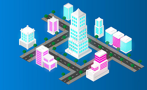 等距智能城市连接和市中心工作建筑学网络技术商业办公室蓝色建筑插图图片