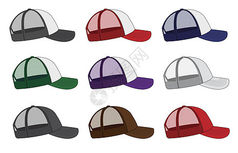 卡车司机帽网眼帽模板它制作图案帽子时尚插图运动棒球衣服网帽嘲笑机帽配饰背景图片