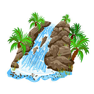 在白色背景隔绝的密林的瀑布 瀑布和棕榈树图片