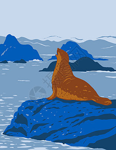 加州海豹在加利福尼亚海岸国家纪念碑的岩石露头上 加利福尼亚州海岸 WPA 海报艺术图片
