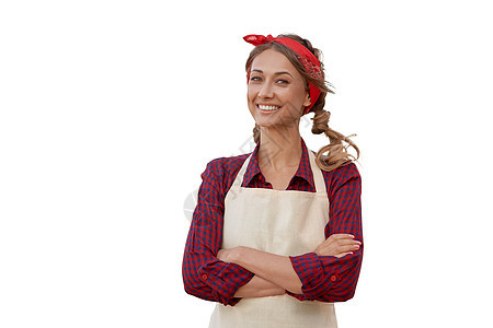 身着白底围裙的妇女 穿制服的高加索中年女商业主妇女职员女性园丁文员工作快乐厨师服务腰部店铺图片