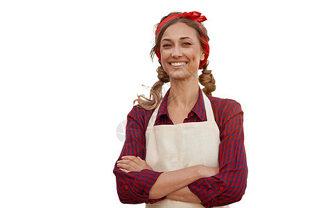 身着白底围裙的妇女 穿制服的高加索中年女商业主妇女爱好人士厨师饭馆工作室餐厅快乐女性工人微笑图片