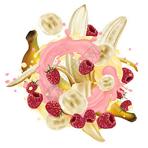 粉色和黄色酸奶喷洒中的香蕉和草莓牛奶维生素浆果营养饮食甜点奶制品产品味道饮料图片