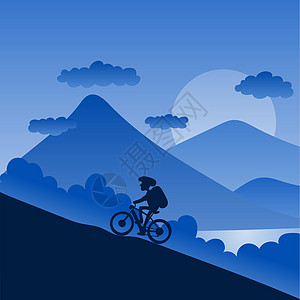 带头盔的男性骑自行车的人骑上山 风景背景为蓝色阴影和渐变图矢量图片
