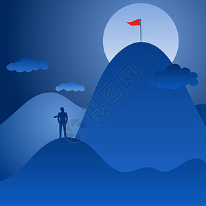 商务人士看着山顶 蓝色背景插图矢量中挂着红旗 动机经营理念图片