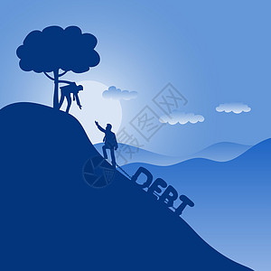 商务人士帮助他的朋友从蓝色渐变阴影背景中的债务插图矢量图片