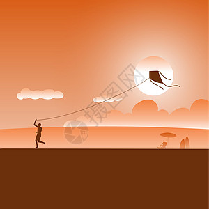 日落时分在沙滩上玩风筝的人用橙色渐变阴影插图矢量图片