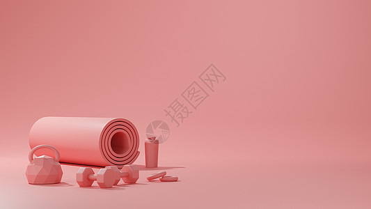 运动健身器材瑜伽垫壶铃 粉红色的水哑铃瓶 女性概念 3D 渲染运动员杠铃健身房粉色蓝色训练小样瑜伽重量身体图片