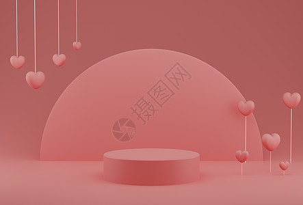 情人节概念粉红心形气球 带基座和粉红色背景的圆形背景  3D渲染图片