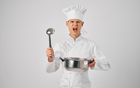 厨师专业烹饪设备食品准备餐食饮服务平底锅金属美食厨具午餐桌子蒸汽餐厅炊具勺子图片