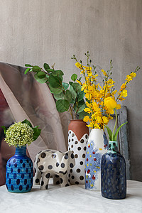 手制各种花团中有许多花束 在白纹桌布上有多种不同的陶瓷 圆点瓦岩和大象成形陶瓷家居潮人框架房子热情陶器工艺叶子灯光桌子图片