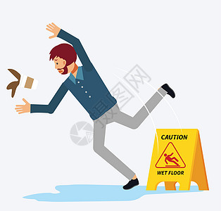 震惊的人在湿地板上滑倒也洒了他的咖啡 滑湿地板 小心湿地板标志 危险标志 平面矢量卡通人物图案制作图片