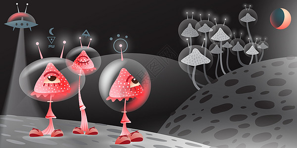 神奇的蘑菇艺术月亮黑色天文学灯泡行星世界卡通片红色宇宙图片