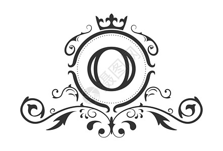 拉丁字母表的程式化字母 O 带有装饰品和皇冠的会标模板 用于设计 ials 名片徽标标志和 heraldr图片