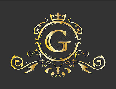 拉丁字母表的金色程式化字母 G 带有装饰品和皇冠的会标模板 用于设计 ials 名片徽标标志和 heraldr图片