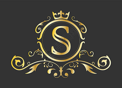 拉丁字母表的金色程式化字母 S 带有装饰品和皇冠的会标模板 用于设计 ials 名片徽标标志和 heraldr图片